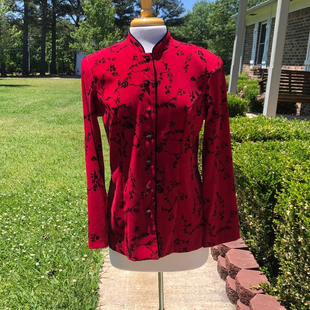 Notations Women’s Red Jacket W/ Black Floral Print - Picture 1 of 6